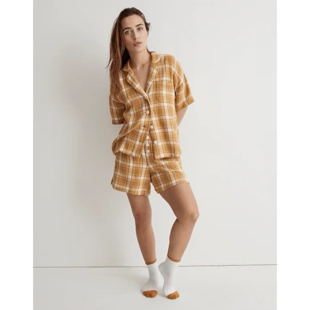 Madewell Womens Pajama Set Size XS Short Sleeve Top & Shorts Lightspun Plaid